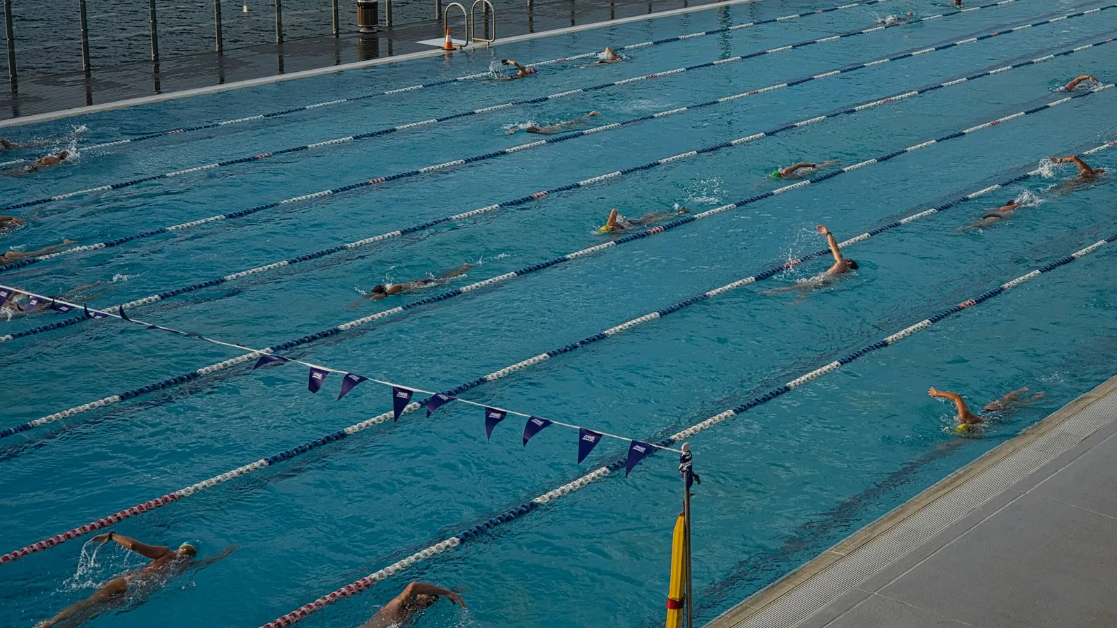 Duży basen sportowy z torami i pływakami widziany z trybun