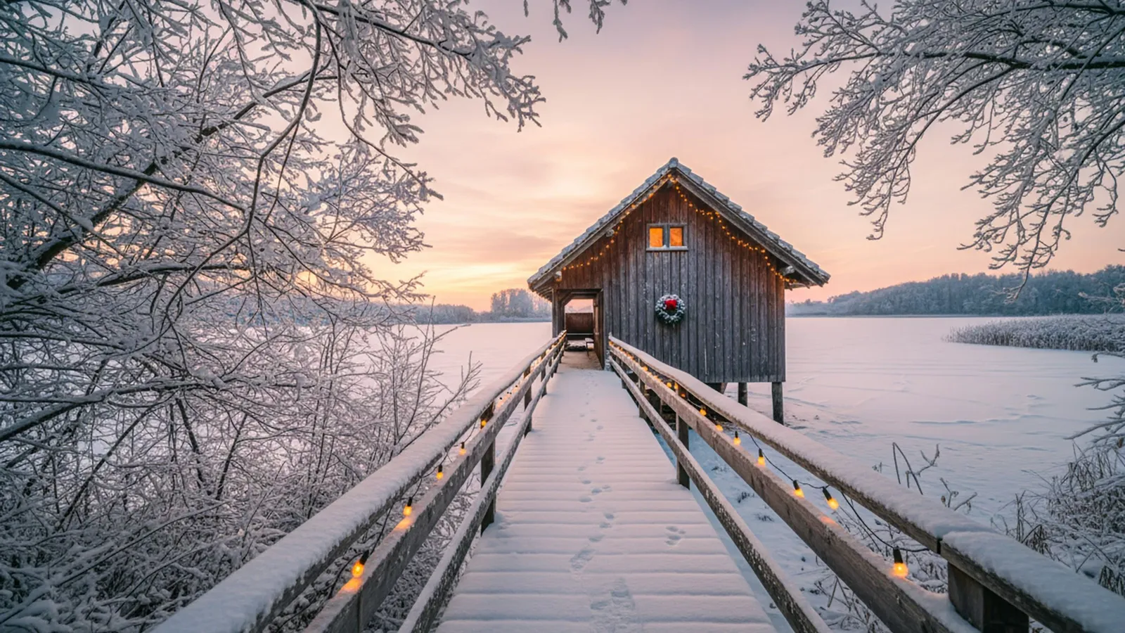 Sauna na pomoście nad zamarzniętym jeziorem
