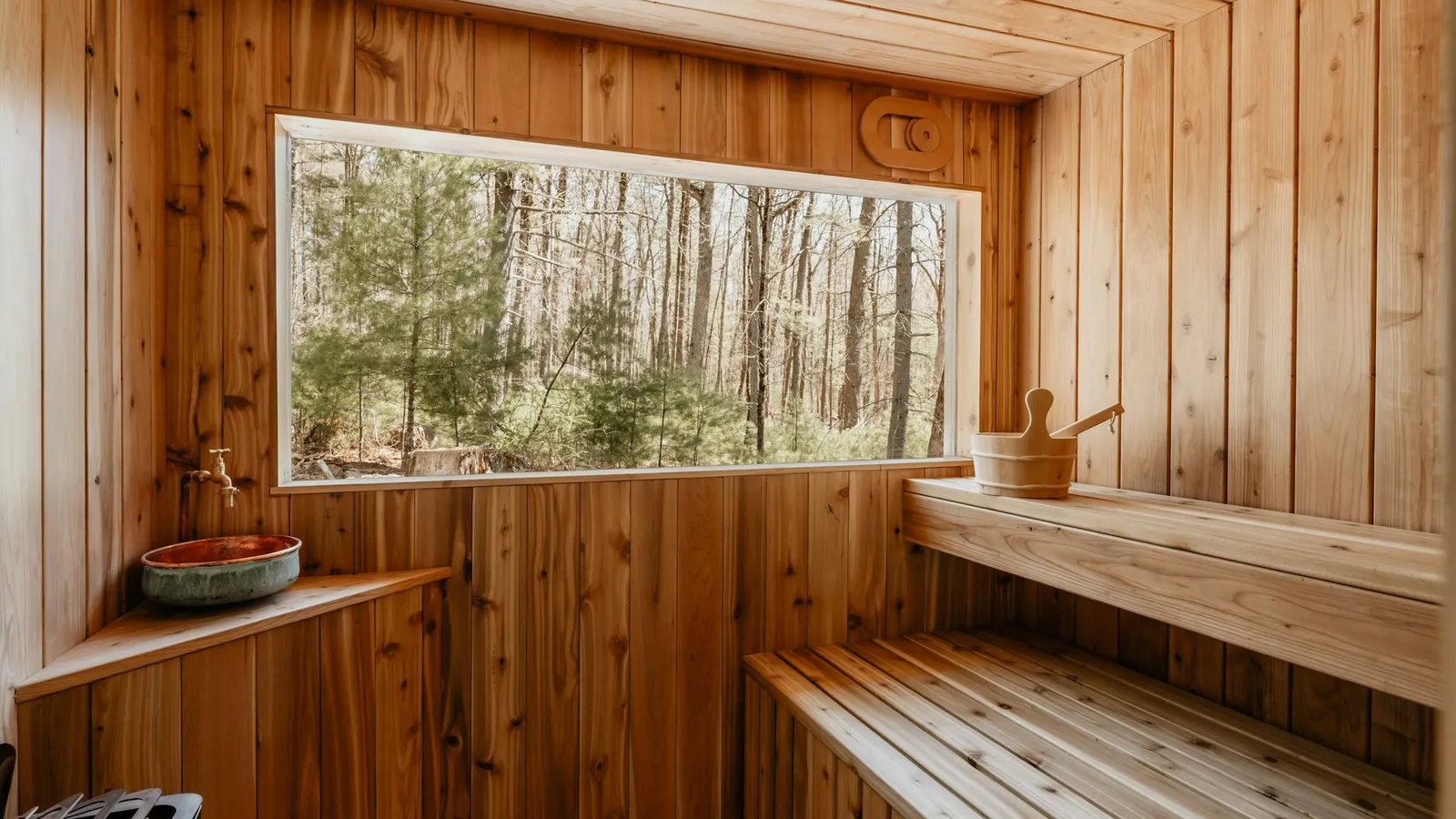 Drewniana sauna z oknem na las