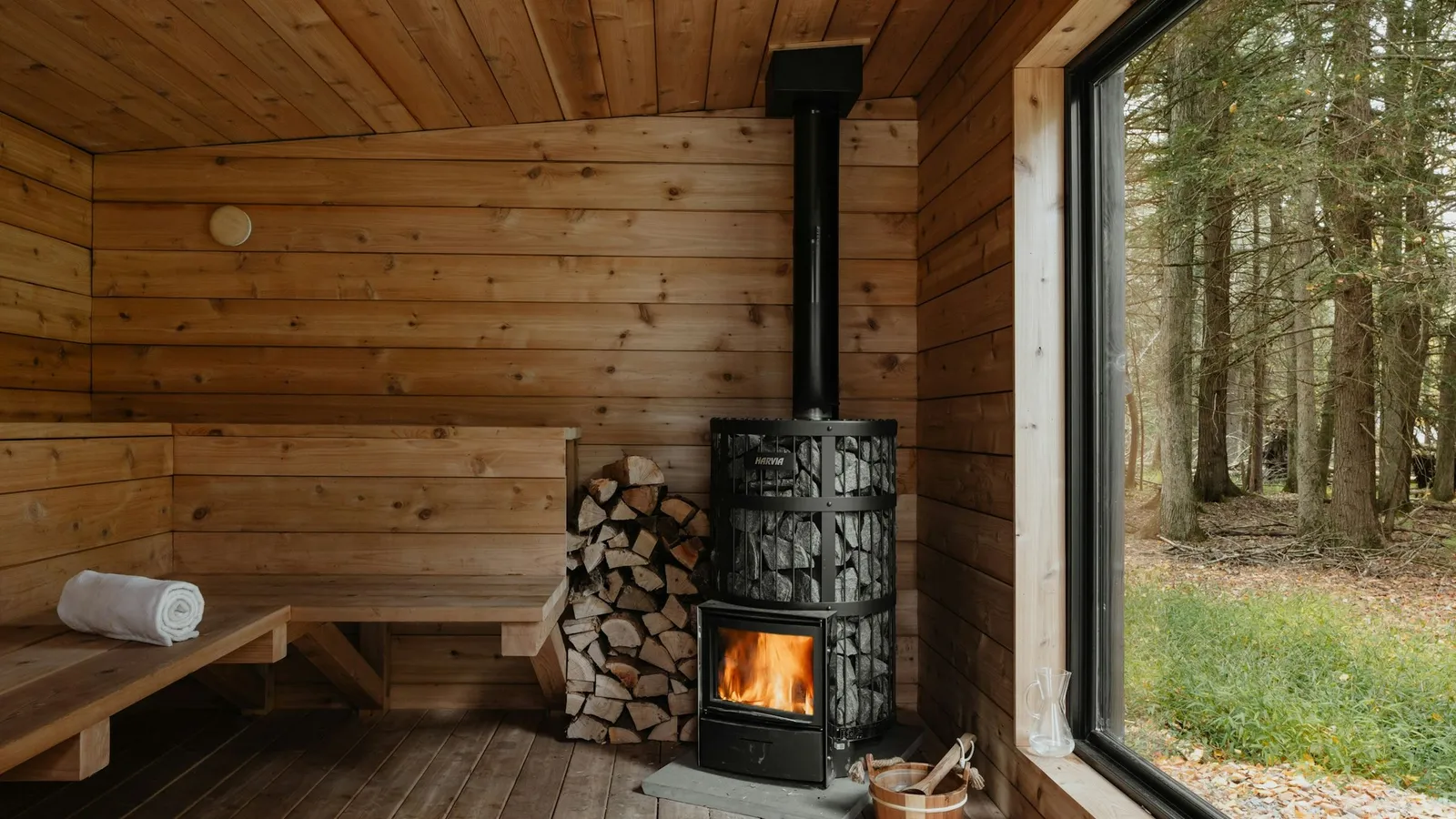 Sauna z piecem na drewno i widokiem na las